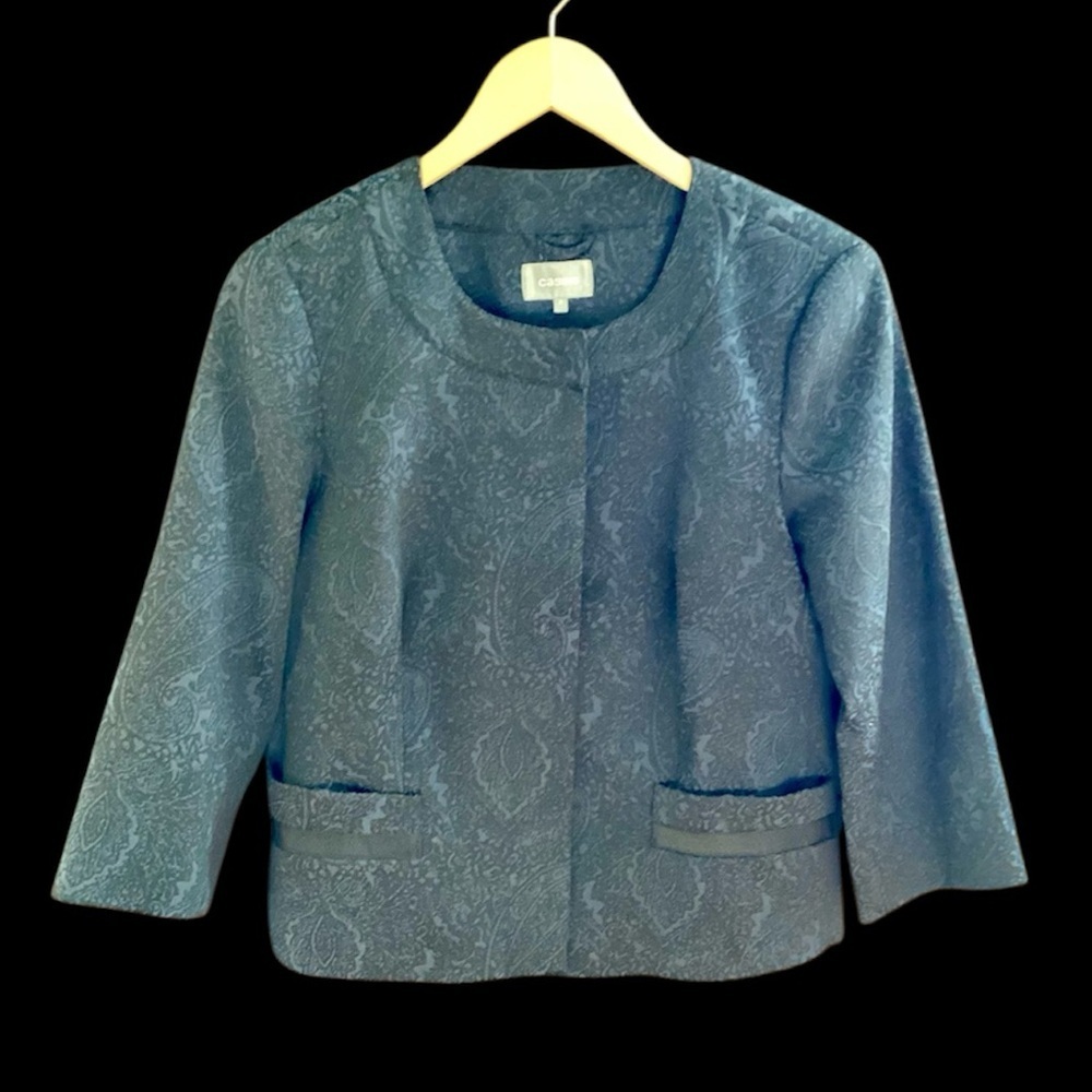 Cassis Navy Blue and Black Jacquard Print Suit Jacket, Size 8